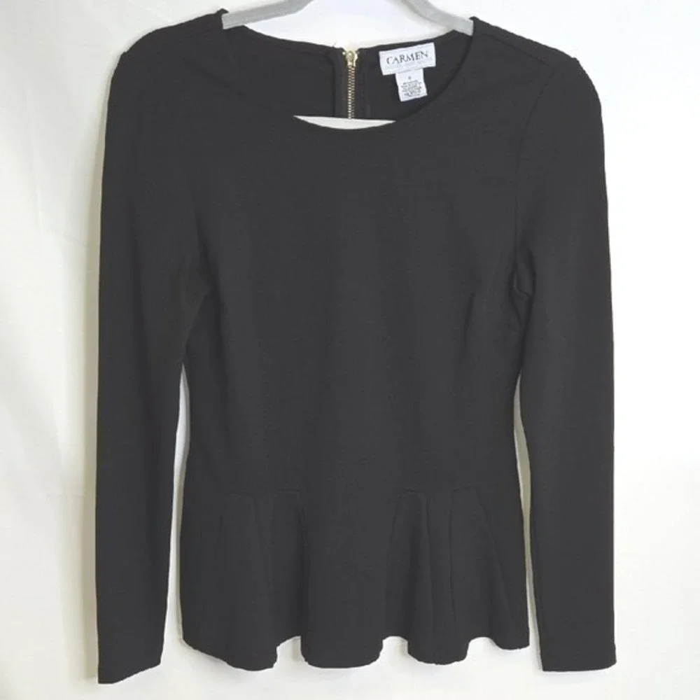 Carmen Marc Valvo Peplum Long Sleeve Top, Office Wear Business, Black, Small - Picture 1 of 7